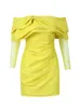 Повседневные платья, летнее модное женское сексуальное сетчатое желтое мини-платье с открытыми плечами и длинными рукавами, 2023, элегантное вечернее клубное вечернее платье
