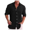 قمصان رجالية غير رسمية قميص رجالي عتيق مصمم غير رسمي من القطن والكتان بلون واحد قمصان فضفاضة ذات ياقة ثابتة قمصان Camisa Masculina 230404
