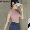 Chemises actives Findcool femmes haut court Yoga t-shirt col rond manches courtes t-shirt pour la course à pied Fitness entraînement sans couture