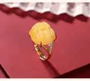 Clusterringen S925 Sterling zilvergouden ingelegde ingelegde natuurlijke bijenwasring Retro National Tide Peony Flower Lady Open