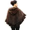 Fashion Women Fur Shawl Winter Knitted Real Furs Stole With Fur Hood Knitted Minks Coats Poncho Pashmina307i