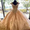 반짝이 샴페인 골드 스팽글 Quinceanera 드레스 크리스탈 파운드 공주 브리 스타일 가운 바닥 길이 달콤한 16 여자 파티 파티 드레스