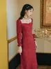 Abiti casual per donne 2023 rosa jacquard retrò abito a collo autunnale rosso sexy sexy ballo elegante vestido de mujer