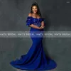 Party Dresses Royal Blue Streamer Mermaid Evening Lace Sweep Train Off Shoulder Nigeria African Women Long Prom Dress Celebrity