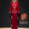 Ropa étnica tradicional chino Qipao para hombre bordado rojo novio vestido de noche trajes de tostadas de boda traje tang