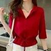 Women's Blouses Shirts Summer Women All-match Solid Turn-down Collar Half Sleeve Chiffon Shirt Fashion Casual Shirring Single-breasted Blouses Female 230404