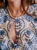 Blouses voor dames zomer etnische stijl blauw geborduurde gegolfde kant hol uit katoenen ronde kraag korte lantaarn mouw rechte shirt