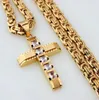 Mens Stainless Steel Gold Cross Zircon Pendant Necklace Flat Chain Tone 6mm 22inch4472407