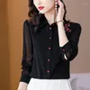 Women's Blouses Embroidery Flowers Long Sleeved Chiffon Elegant Shirt Blouse 2023 Top Stylish Black Lapel