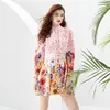 Retro Floral Party Rosa Minikleid Luxus Designer Frau Laterne Ärmel Rüschen Stehkragen Schlank Hohe Taille Urlaub Kleider 2023 Frühling Herbst Runway Print Kleider