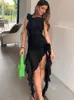 Abiti casual Sexy Ruffles Fairy Dress Women Fashion Mesh See Through Mini Bodycon 2023 Summer Irregular Beach Party Club Outfit