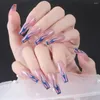 False Nails 24pcs Blue Flames Fake Long Flat Head French Style Artificial Removable Piça de unha acabada SANA889