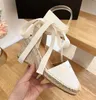 Retro milieu linnen geweven dameskleding designer sandalen mode echte lederen lint helling hoge hakken show feest strand jurk schoenen 35-41