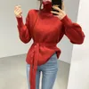 Damenpullover EBAIHUI Frauen Pullover Koreanische Einzigartige Hohe Kragen Damen Herbst Winter Lose Gestrickte Gürtel Knopf Design Pullover