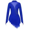 Bühnenabnutzung Frauen Eiskunstlauf Kostüm Langarm Glänzend Strass Sheer Mesh Lyrical Dance Ballett Gymnastik Performance Leotard Dress