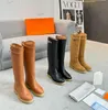 Designer Calfskin Knight Boots Leather Over-Knee Boot Buckle Slip-On Round Toe Rubber Sole Design Party Boot