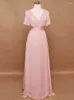 パーティードレス女性ピンクの花嫁介添人長いエレガントAラインvネックフリルシフォンフォーマルウェディングドレス2023プロム