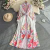 Basic Casual Dresses Autumn Fashion Runway White Blue Maxi Dress Women Clothing Long Lantern Sleeve Single Breasted Floral Print Belt Party Vestidos 2024