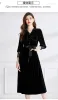 Basic Casual Dresses Runway 2024 Runway Designer Velvet Party Dress Women Ruffles V-Neck Lace Patchwork Sleeve Vintage Black Pockets Sashes Long Vestidos