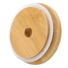 70mm86mm Wide Mouth Reusable Bamboo Lids Mason Jar Canning Caps with Straw Hole Non Leakage Silicone Sealing Wooden Covers Drinking S