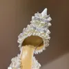 Satin strass bågpumpar spets blommor trim kvällskor stilett klackar bröllopskor kvinnor klackade designers slingback sandal klänning sko storlek 35-42 med låda