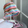 Berets Contrasting Striped Crochet Hand-knitted Hollow Strap Braided Bucket Hat Female Concave Knitted Basin Sun