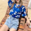 Blouses voor dames, misschien u Hawaii Blue Floral Print Turn Down Collar Button Shirt Shirt Shirt Shirt Summer Casual Beach Women B0160