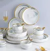 Мраморный серый керамические тарелки и миски для наборов для 6/8/10 заклинания тарелка суп -миска с наборами посуды с золотым ободом для дома