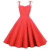 Casual Dresses 2023 Spaghetti Strap Vintage Pinup Dress 50s 60s Women Solid Color Ruched Summer Back Red Blue Black Swing SR0034