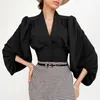 Women's T Shirts Autumn Winter Short-cut Navel Chiffon Shirt V-neck French Long-sleeved Commuter