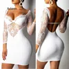 Casual Dresses Women Lace Patchwork Sexy Hollow Out Bodycon Long Sleeve Deep V-Neck Evening Party Club Short Mini Dress