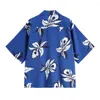 Camicette da donna PERHAPS U Hawaii Stampa floreale blu Colletto rovesciato Camicia con bottoni Manica corta Estate Casual Spiaggia Donna B0160