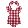 Rompers Citgeetts Summer Born Infant Kids Bade Girl Red Plaid Romper Jumpsuit with Headband Outfit服018m SS 230406