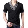 Abiti da uomo B6013 Slim manica corta patchwork scollo a V cotone nero maglietta da uomo bottoni top T-shirt