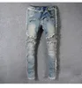 Men's Jeans Vintage Washed Denim Fringe Biker For Moto Fashion Slim Fit Straight Patchwork Pants Big Tall Trousers 8818Men's