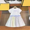 23ss girls dress kids designer clothes brand Round neck Pure cotton Embroidery logo Ribbon splicing Gradient iridescent color Short sleeve dresses kids clothes