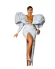Sexiga satin -prom klänningar med puffiga ärmar kristallpärlor hög delad sjöjungfru aftonklänning plus storlek festklänningar för afrikanska kvinnor 403