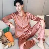 Mäns Sleepwear 2024 Japan Korea Ice Silk Långärmning Nattkläder Män Pyjamas Set Spring Autumn Solid Grain Lounge Satin Male Homewear