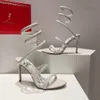 Rene Caovilla Sandals Women 9.5cm مصمم فاخر فستان أحذية Snake ملفوفة في الكاحل مفتوح إصبع القدم أحذية زفاف