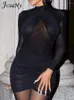 Sukienki swobodne Jusahy Women Black Long Rleeve Sukienka z High Streetwear V-deter Chic Mesh Patchwork Lace-Up Party Mini spódnica
