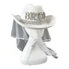 Berets Summer White Veil Cowboy Hat for panna młoda
