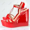 Olomm Women Platform T-Strap Sandals Glossy Sexy Wedges Heel Open Toe Gorgeous 8 Color Party Shoes Women US Plus Size 5-20
