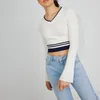 Damen-T-Shirts, Herbst-Frauen-Strick-Crop-Tops, lässig, Basic, einfarbig/Streifen-Druck, langärmelig, V-Ausschnitt, T-Shirts, abgeschnittener Pullover, Pullover