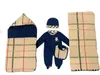 Children's designer jumpsuit hat J classic plaid bib, quilt, sleeping bag, 5-piece set, boys and girls' long sleeved round neck cotton suit, newborn jumpsuit