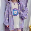 Blouses pour femmes Dessin animé mignon imprimé chemisier ample à manches longues bouton de revers chemise violette femme Kawaii doux étudiant chic cardigan haut automne