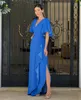 Blue Side Split Mother Of The Bride Dresses With Short Sleeves Wedding Guest Dress V Neckline Floor Length Empire Waist Evening Gowns