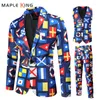 Men's Suits Casual Suit Coat Vest Pants 3 Pcs Set Steampunk Colorful Printed Party Dress Plaid Blazers Jacket Men Trousers Waistcoat