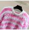 Kadın Sweaters Boncuklar Rhinestones Yüksek Bel Sweater Kadınlar Kısa Çizgili Uzun Kollu Sonbahar Kış Koreli Stil Sekik Tiftik Jumper