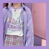 Damesblouses cartoon schattige print losse blouse lange mouw revers knop paars shirt vrouw kawaii zoete student chic vest top herfst