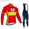 Cycling Jersey Sets Spain Movistar Autumn Long Seve Cycling Jersey Set Bib Pants Ropa Ciclismo Clothing Bike Uniform Men Bicyc Clothes Mailllot Q231107